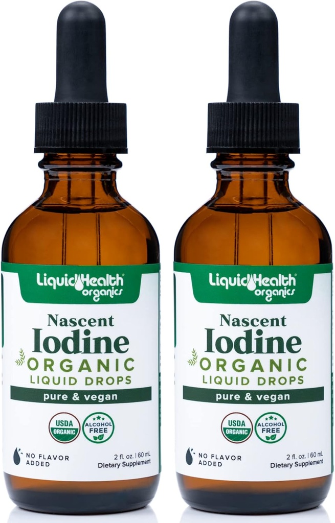 LIQUIDHEALTH USDA Organic Nascent Iodine Liquid Drops, Pure Iodine Supplement for Thyroid & Immune Support, Energy Supplement - Made in USA, Vegan, Colorless, Tasteless Tincture (2 Pack)