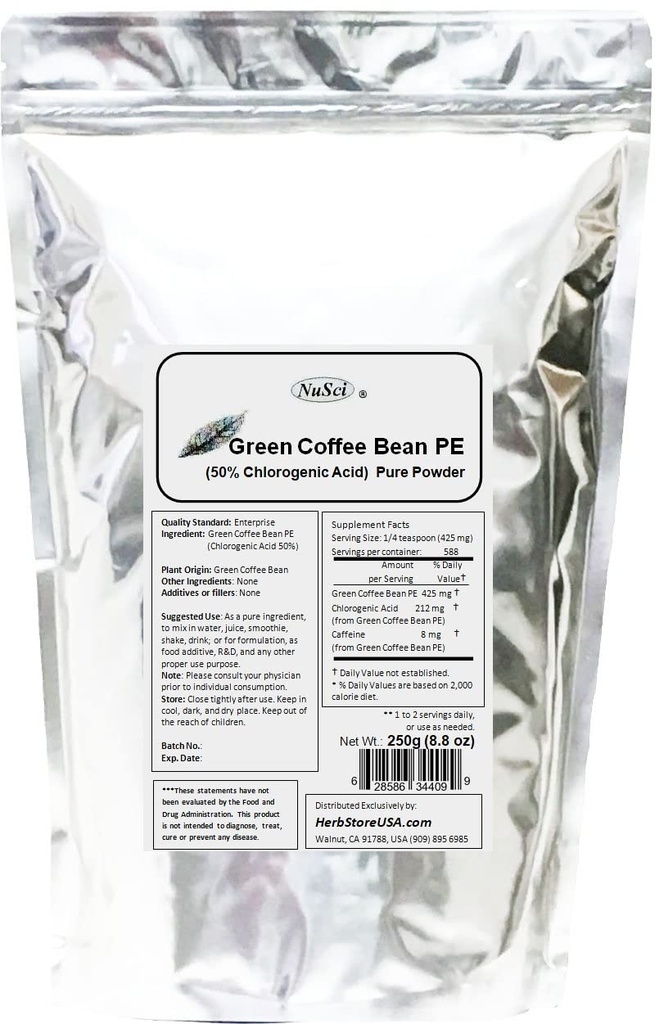 Green Coffee Bean Extract Powder, Standardized 50% Chlorogenic Acid (250 Grams (8.8 oz))