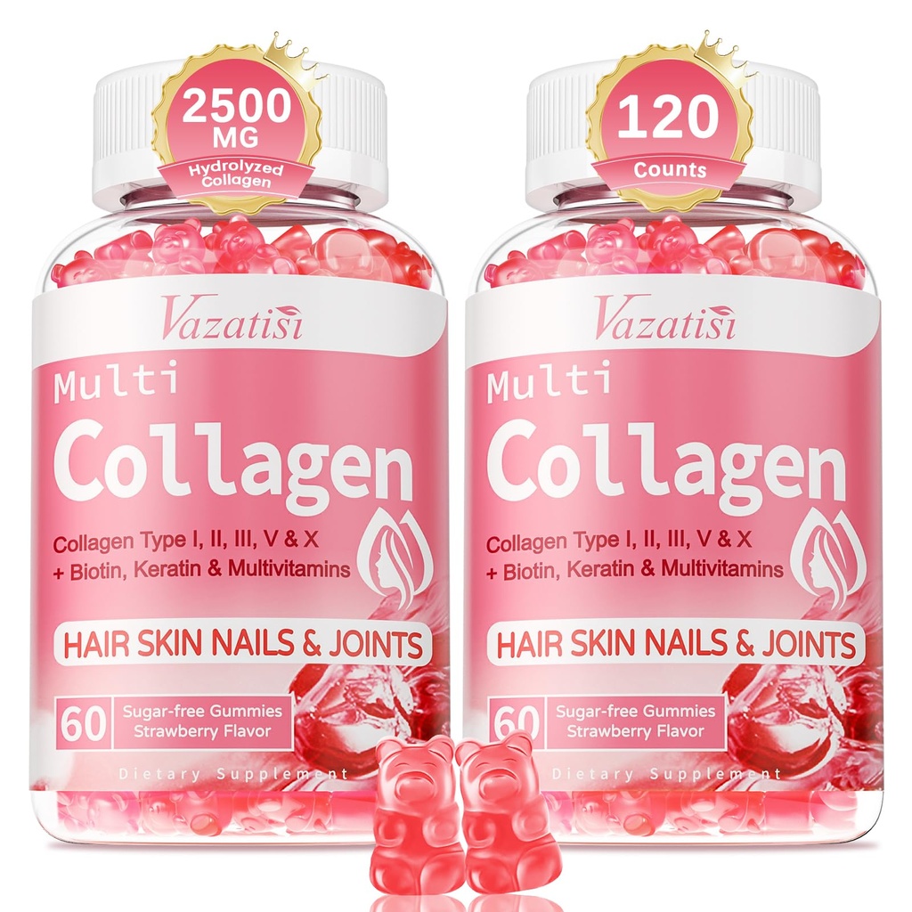 2 Pack Zucker freie Kollagengummis für Damen und Herren | Hydrolysierte Collagen Peptide für Haar Haut und Nägel | MultiCollagen Protein Typ I II III V X mit Biotin & Vitamin C | Erdbeeren Geschmack, 120 Zähler