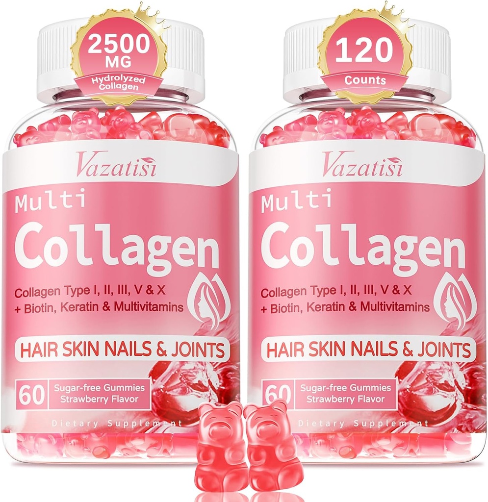 2 Pack Zucker freie Kollagengummis für Damen und Herren | Hydrolysierte Collagen Peptide für Haar Haut und Nägel | MultiCollagen Protein Typ I II III V X mit Biotin & Vitamin C | Erdbeeren Geschmack, 120 Zähler