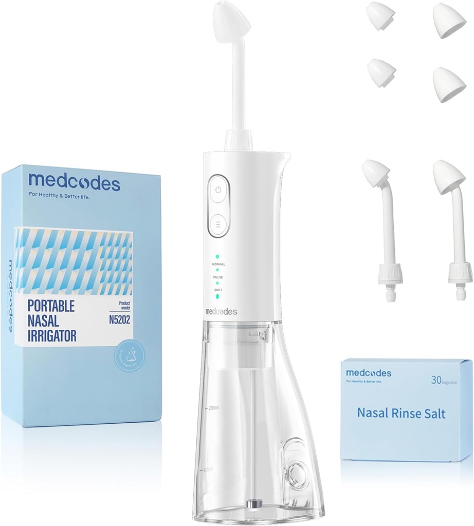 Neti Pot Sinus Rinsing, Système d'irrigation nasale sans fil Nasal Rinse Nettoyeur de bouteille, Kit Système de Rinse Sinus électrique pour Sinus Relief & Nasal Care 30 Pods de sel (Grande)