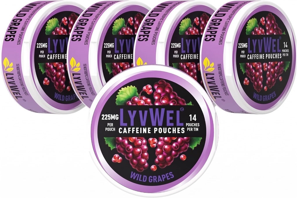 LyvWel 225mg Koffein Energy Pouches – Wild Grapes 5-Pack (75 Pouches) – Bold Flavor, Clean Energy – Guarana-Infused Focus & Stamina für On-The-Go Performance