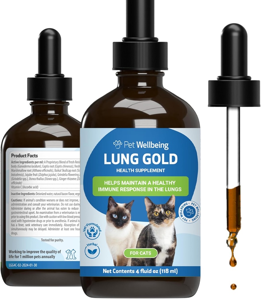Pet Wellbeing Lung Gold für Katzen - Lung Immununterstützung, Lower Respiratory Health, Open Airways, Normale Atmung, Reishi, Coptis - Veterinarian-Formulierte Kräuterergänzung - 4 oz (118 ml)