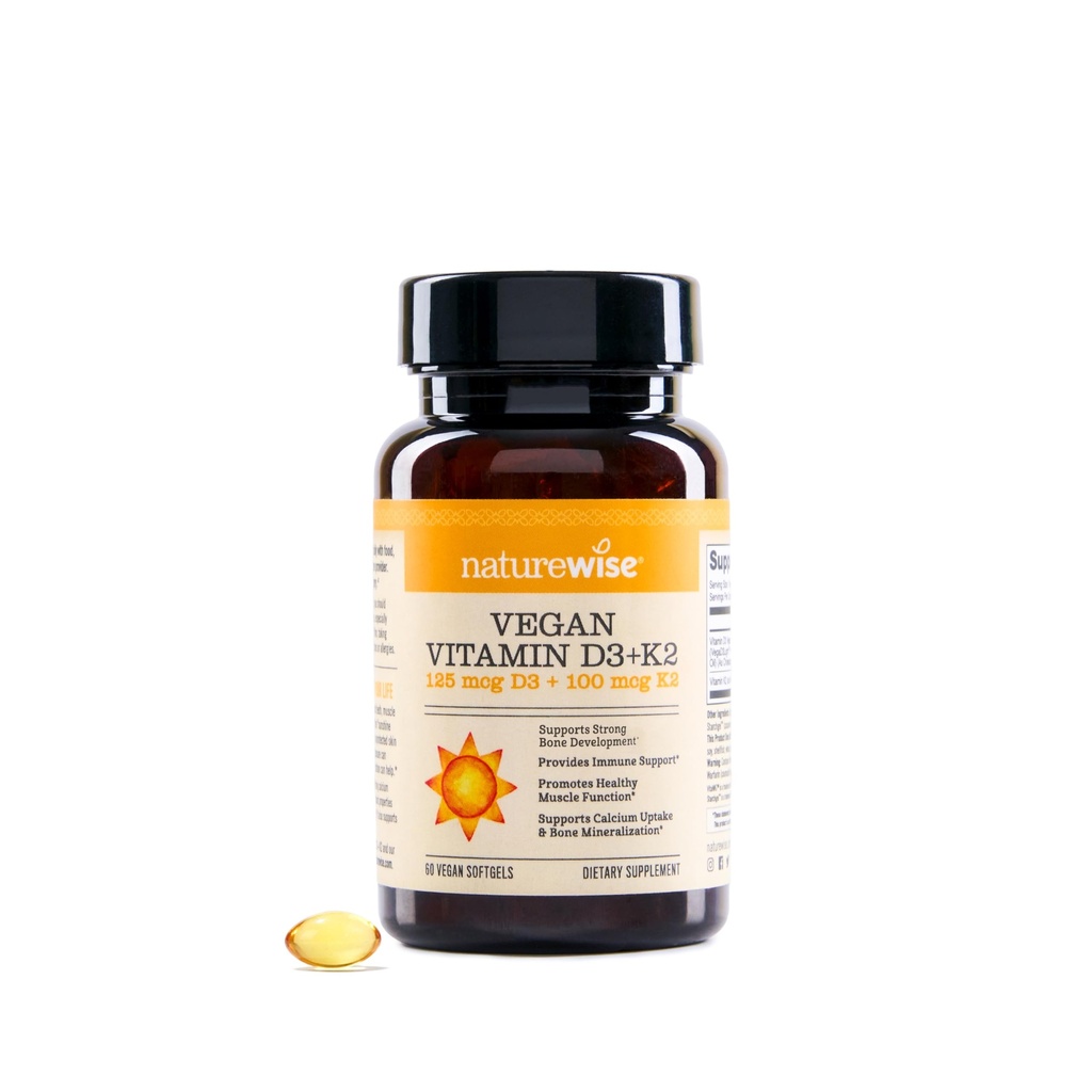 NatureWise Vitamine végétalienne D3 + K2 - Bio D3 5000IU + Vitamine naturelle K2 100mcg - Soutien osseux - Haute absorption avec l'huile d'olive à pression froide organique - Non-OGM