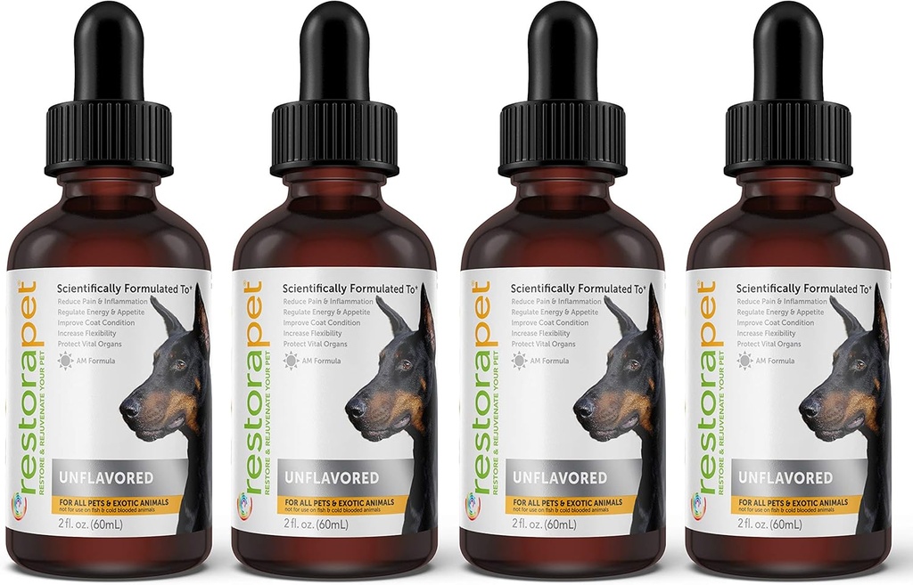 RestoraPet 4-Pack Hund & Katze Unflavored Liquid Multivitamin | Hund Arthritis Schmerzlinderung | Hip&Joint Vitamine für Hunde | Anti Entzündungsergänzung für Hunde & Katzen | Organic & Non-GMO, Vet zugelassen