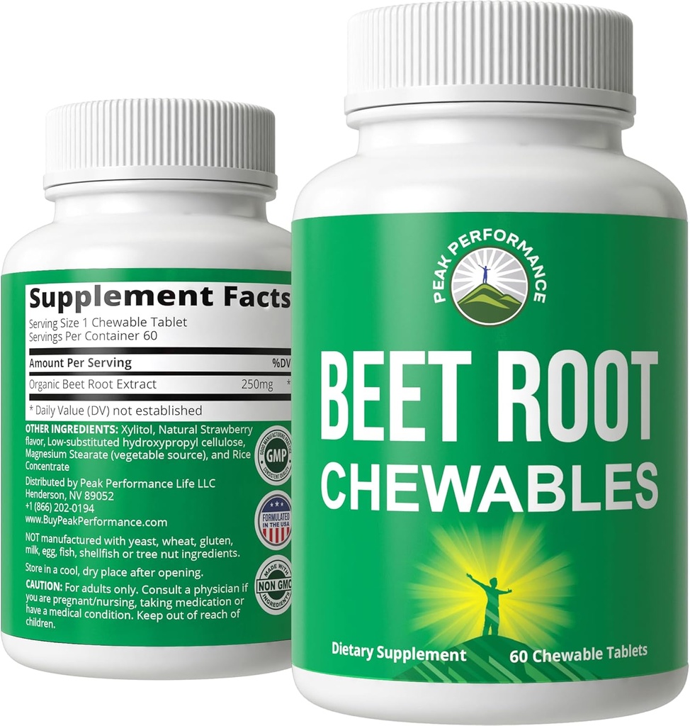 Chews de betterave - Grandes betteraves de dégustation Chewables sans sucre ajouté - mieux que les gommes. Contient de l'extrait de racine de betterave biologique. Vegan, Zéro supplément de betterave au gluten pour le coeur, circulatoire, BP