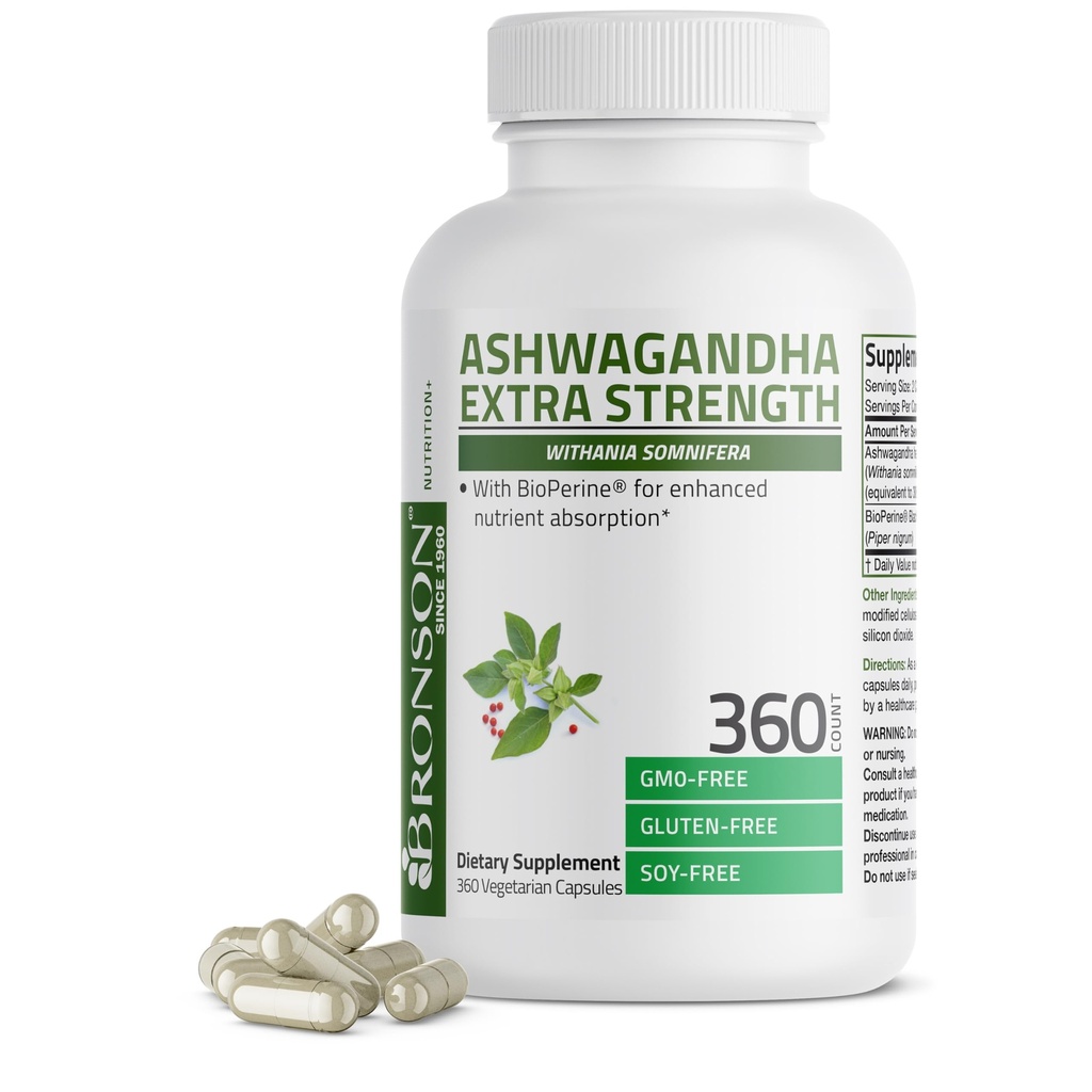 Bronson Ashwagandha Extra Strength Stress & Mood Support avec BioPerine - Formule non OGM, 360 Capsules végétariennes