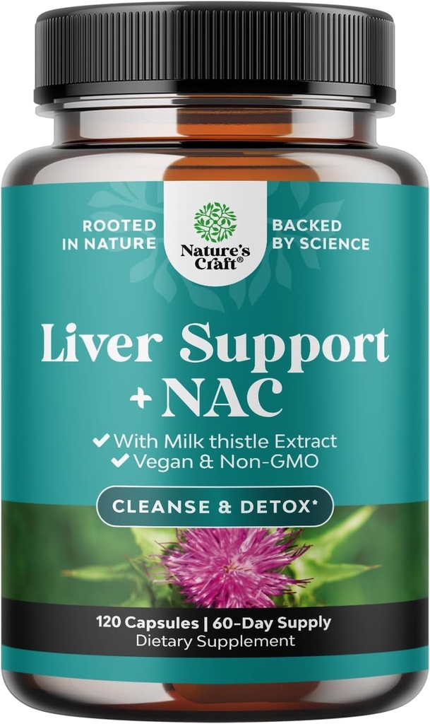 Liver Support NAC Supplement mit Milchdistel für Leberreiniger Detox & Repair - N Acetyl Cystein Supplement Liver Cleanse mit Antioxidantien, Turmeric, Choline, Dandelion & L-Glutathione - 120 Caps