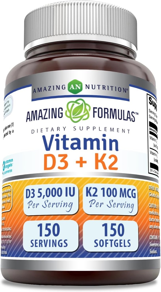Erstaunliche Formeln Vitamin D3 5000 IU mit Vitamin K2 100 Mcg | D3 + K2 Complex Supplement | Softgels | Non-GMO | Gluten-Free | Made in USA (1 Pack, 150 Count)