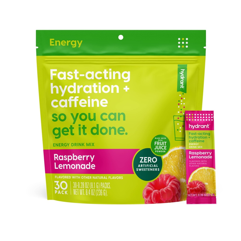 Hydrant - Energy Electrolyte Powder, Raspberry Lemonade Flavor, 30 Caffeine & L-Theanine Energy Hydration Stick Packs - Low Sugar Energy Powder for Daily Use