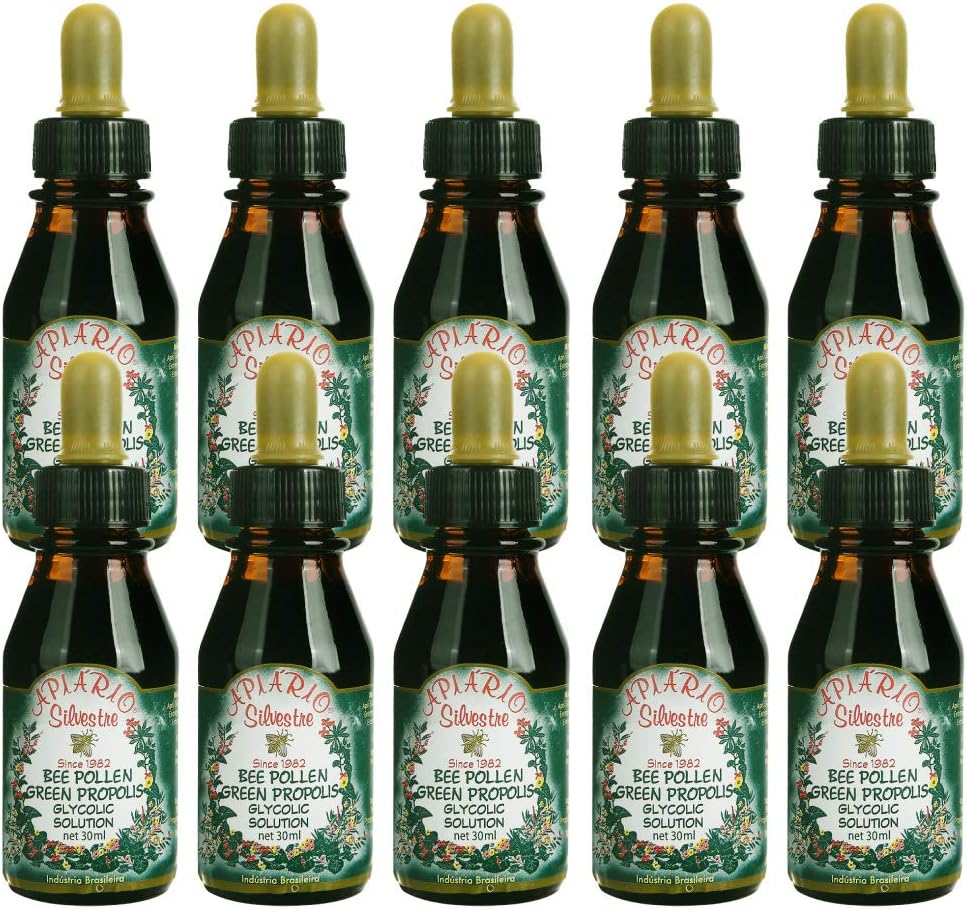 Offizieller Distributor - 10 Flaschen von Apiario Silvestre Bee Pollen & Brasilien Green Bee Propolis Liquid - Glycolic Extract-Non Alcoholic, Wax Free, Sugar Free