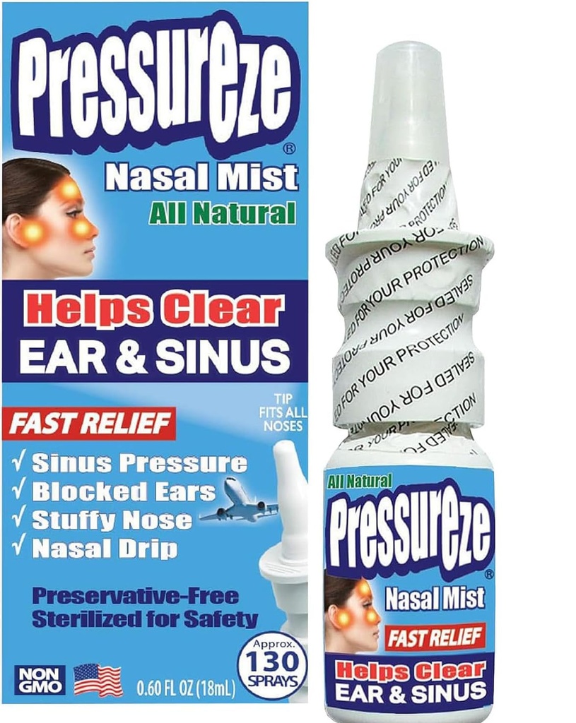 Druck Nasenspray - Alle natürlichen konservierungsfreien Steril - Schnelles Relief Nasenspray - für Sinus Allergies Congestion Blocked Ears Loud Snoring | 130 Sprays, 18 ml