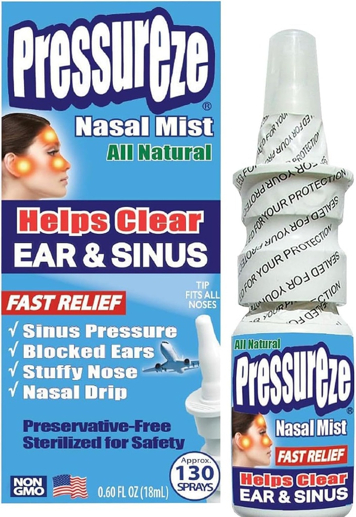 Druck Nasenspray - Alle natürlichen konservierungsfreien Steril - Schnelles Relief Nasenspray - für Sinus Allergies Congestion Blocked Ears Loud Snoring | 130 Sprays, 18 ml