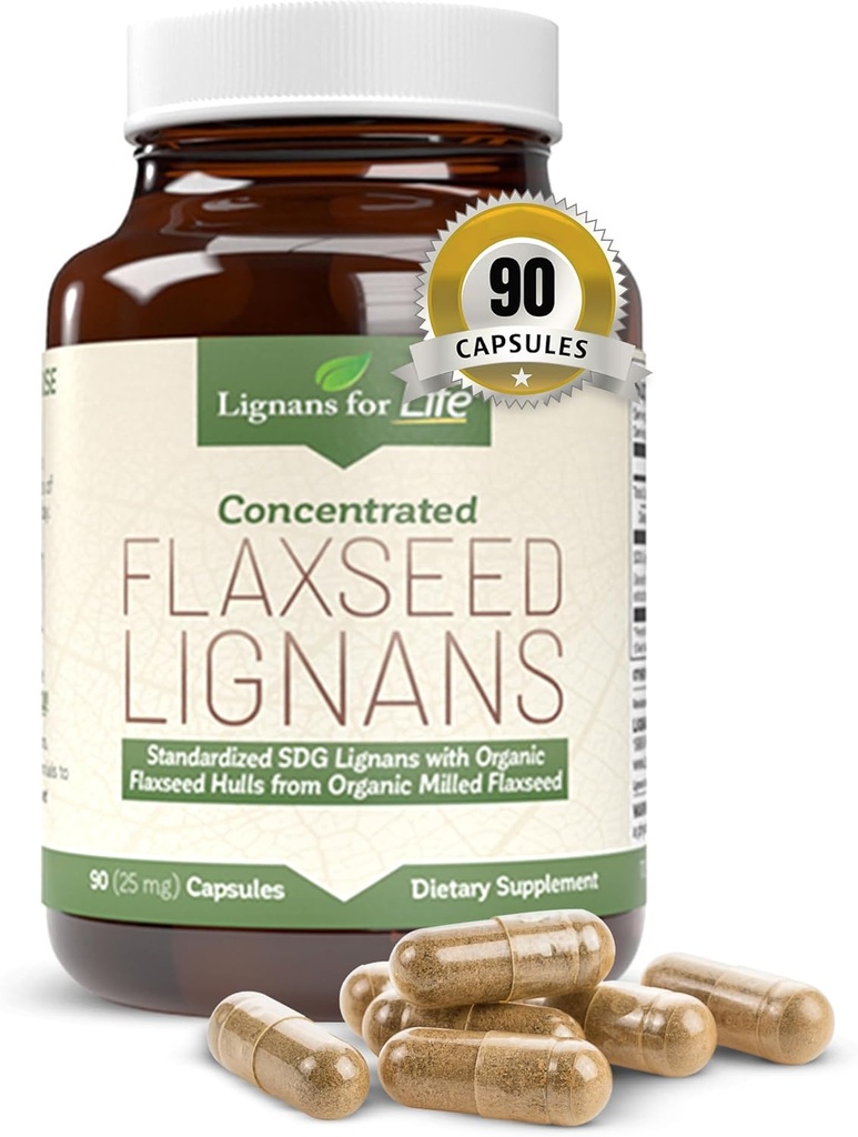 Lignans for Life Flaxseed and SDG - Omega 3 Fettsäuren, Fiber Antioxidants - hilft Shiny Coat, Verdauungs- und Herzgesundheit zu verbessern, 25mg, 90 Kapseln, 1 Packung