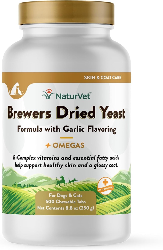 NaturVet Brewers Getrocknete Hefetier-Ergänzung mit Knoblauch Flavoring – Inklusive B-Komplexe Vitamine, Omega-3, 6, & 9 Fettsäuren – Hilft Glossy Coat, gesunde Haut für Hunde, Katzen 500 Ct.