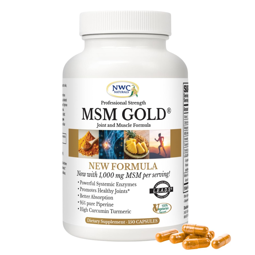 NWC Naturals MSM Gold – Systemische Enzymergänzung mit Kurkuma, Tomaten Lycopin & BioPerine für Nährstoffaufnahme – Gelenk & Muskelunterstützung – 150 Antioxidantien-Rich Vegetarische Kapseln