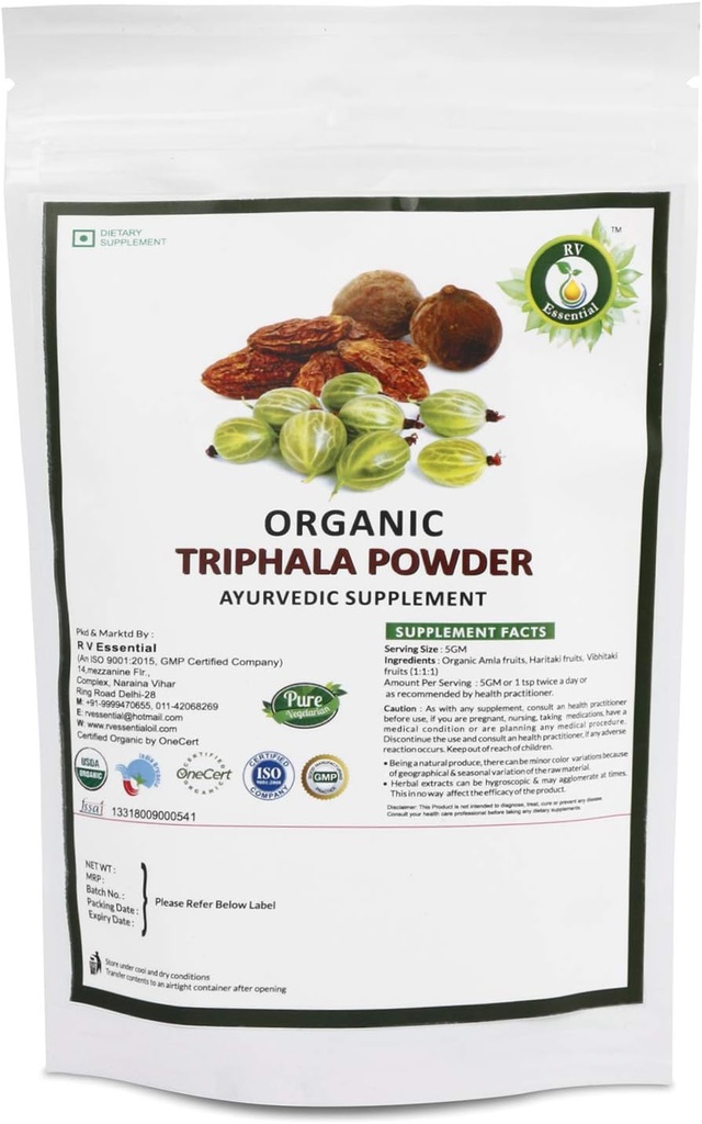 R V Essential Organic Triphala Powder 100gm/ 3.53oz/ 0.22lb- Hergestellt aus Haritaki, Vibhitaki und Amla 1:1:1 Triphala Churna Powder USDA Organic Certified Ayurvedic Herbal Supplement in Zip Lock Pouch