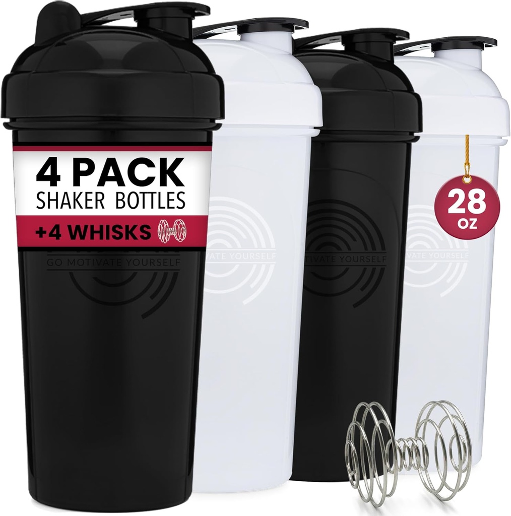 GOMOYO 4-Pack - 28 Ounce Protein Shaker Bottle für Mixes, 4xWire Whisk, Leak Proof Bulk Supplement Mixes und Pre-Workout Shaker Cups, Geschirrspüler Safe & BPA Free, Black & White