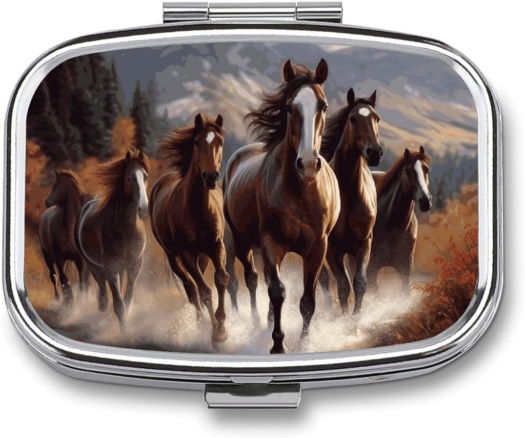 Horses Square Pill Box, 2 compartiments décoratif Pocket Pill Box pour Pocket or Purse Portable Mini Travel Medicine Tablet Support Vitamine Organizer Pill Case