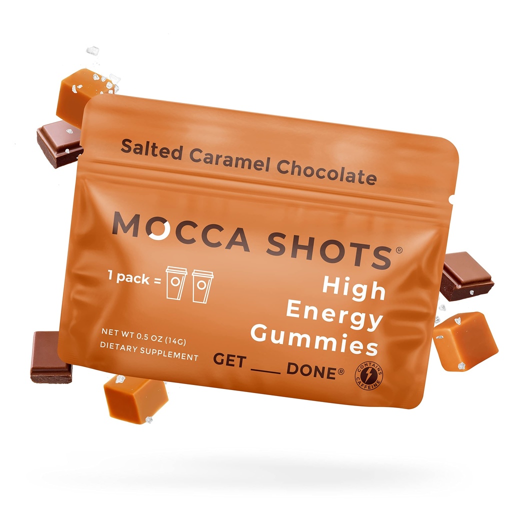 SGC Concentration la plus élevée 100mg Caféine par Gummy, 2 Gummies par paquet, 6-Pack Mocca Shots Caramel salé à base de plantes d'énergie instantanée nootropique avec Ginkgo biloba, Theobromine.