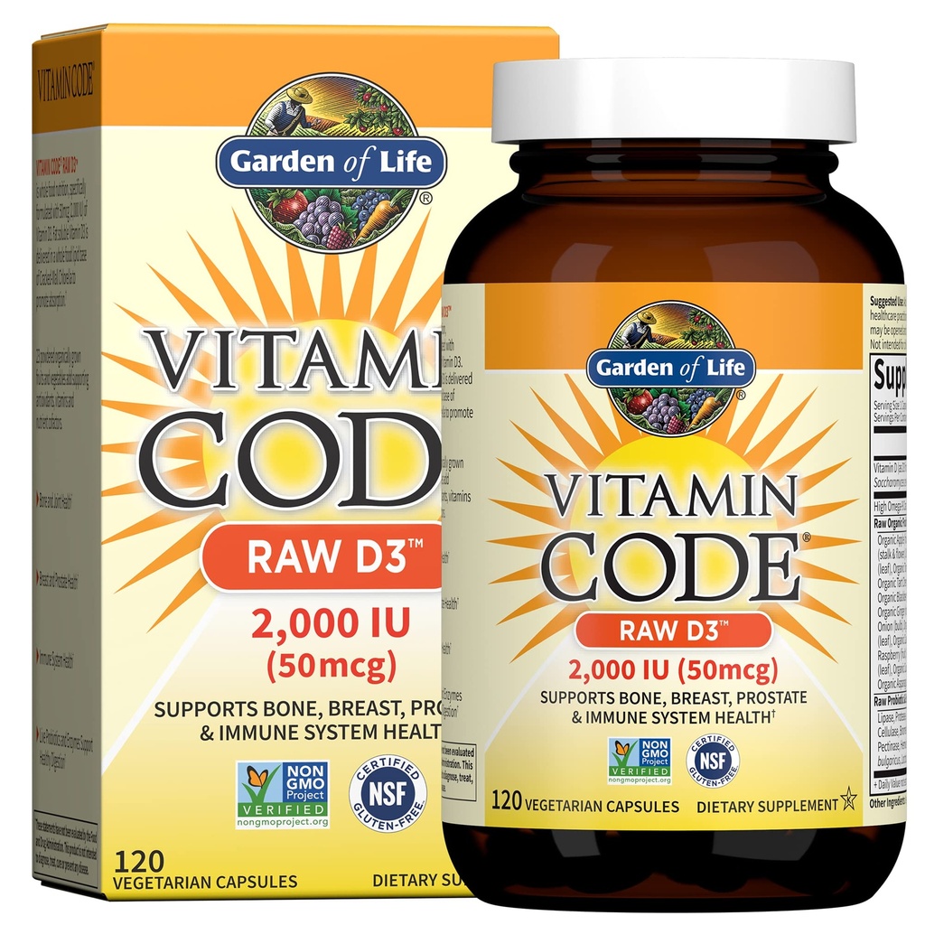 Garten des Lebens Vitamin D, Vitamin Code Raw D3, Vitamin D 2.000 IU, Rohe Ganze Nahrung D3 Nahrungsergänzungsmittel mit Chlorella, Obst, Gemüse & Probiotika für Knochen & Immune Gesundheit, 120 vegetarische Kapseln