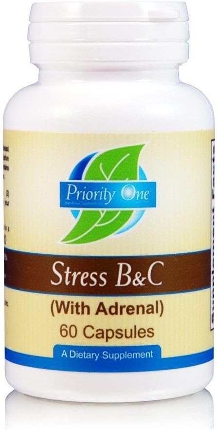 Priority One Vitamins Stress B & C 60 Kapseln - B-Komplex mit ganzer Gland-Adrenal zur Unterstützung gesunder Nerven, Haut, Augen, Magen-Darm- und Gehirnfunktionen.*