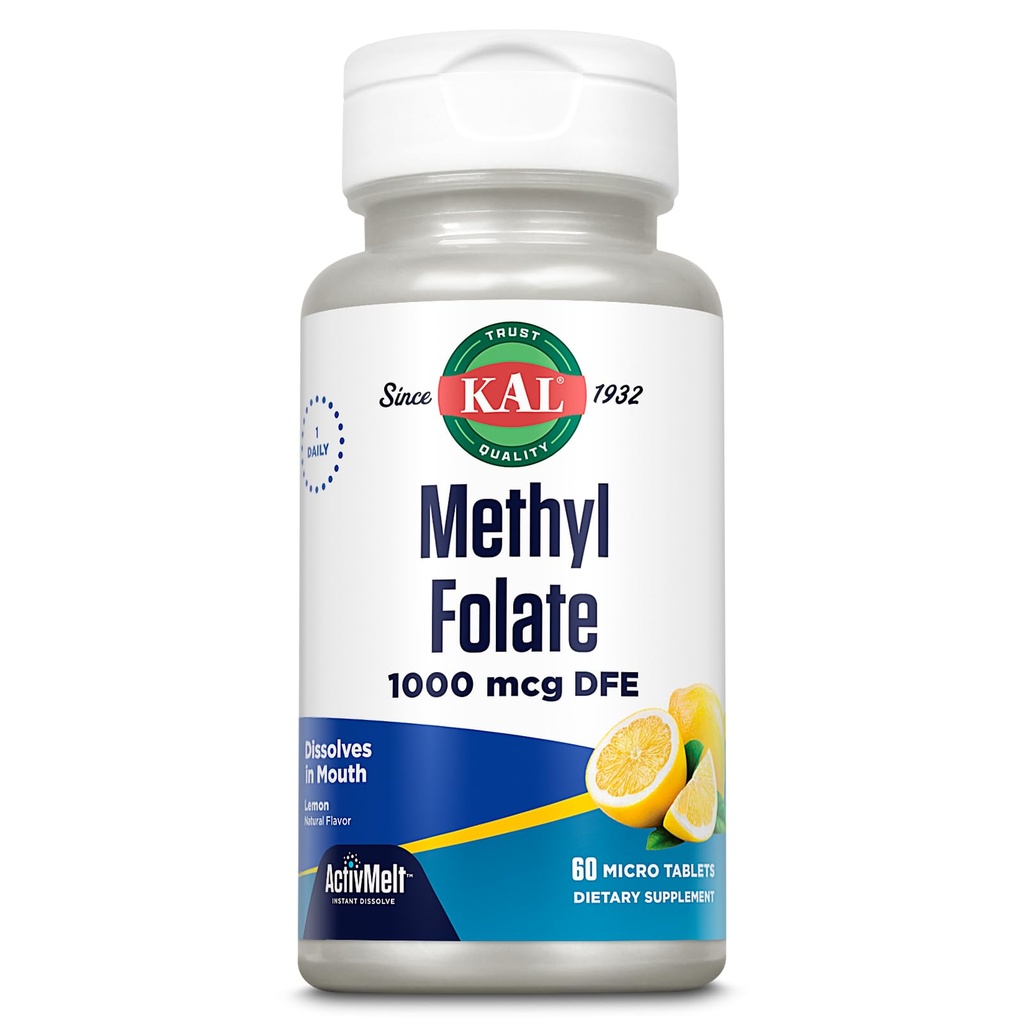 KAL Méthyl Folate 1000 mcg, forme active 5-MTHF, supplément à l'acide folique, santé cardiaque, soutien prénatal, de l'humeur et du cerveau, végétalien, naturel Lemon ActivMelt, garantie de 60 jours, 60 portions, 60 micro comprimés