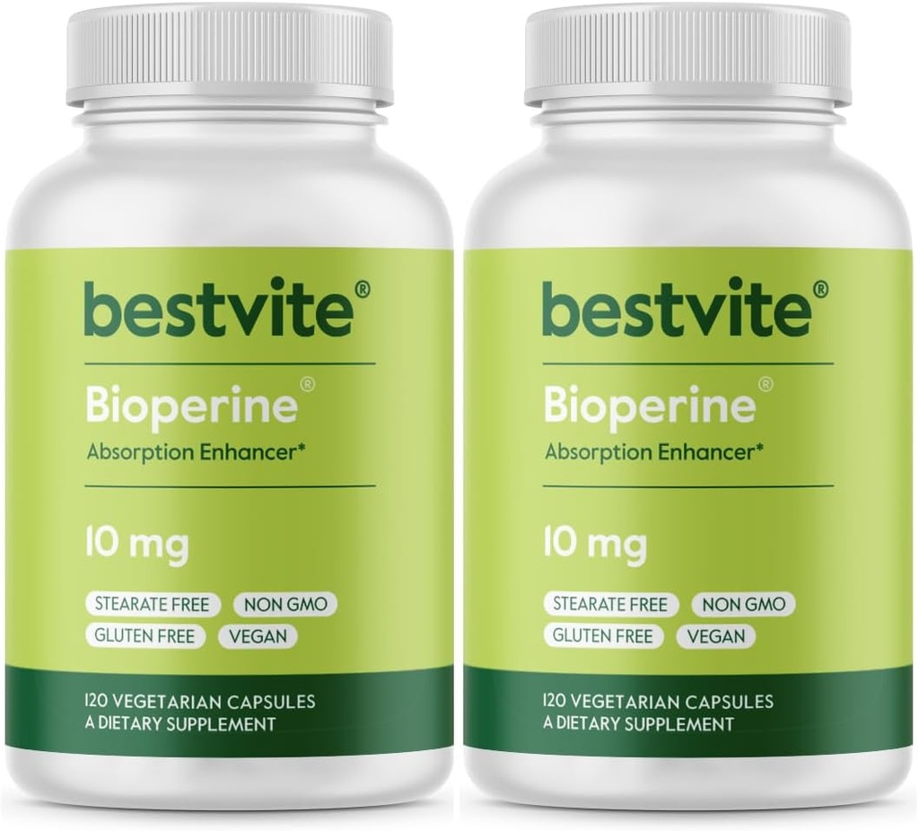Bioperine 10mg (240 Capsules végétariennes) (120 x 2) - Pas de stéarate - Vegan - Non OGM - Sans gluten - Enhancer d'absorption