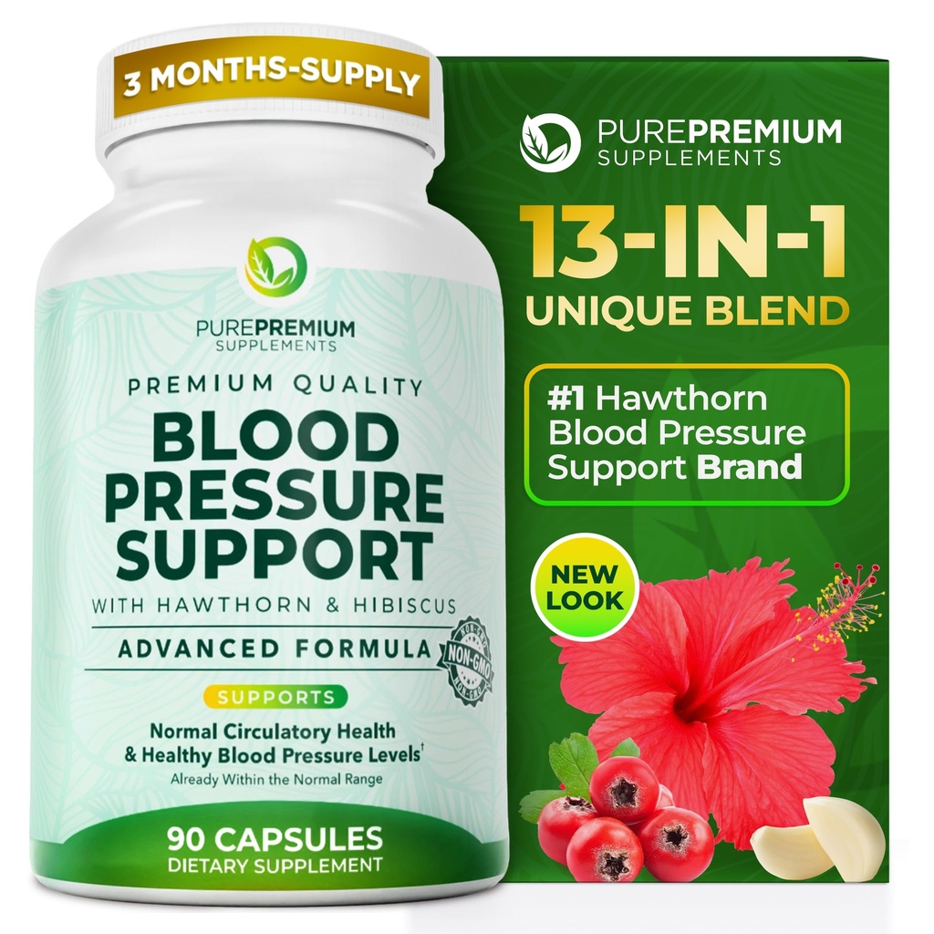 PurePremium Blutdruck-Ergänzungen mit Hawthorn Berry, Hibiscus, Knoblauch & Vitamin B12- Nitric Oxid-Ergänzung für normale Herzgesundheit, Zirkulation Gesundheit & Blutdruck-Unterstützung - 90ct
