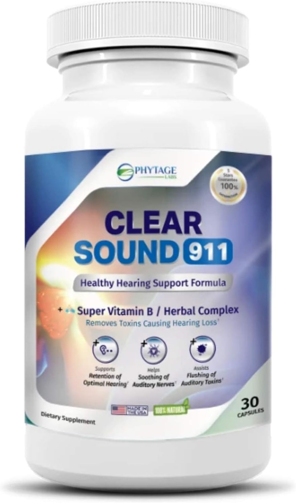 Clear Sound 911 Formule de soutien auditif, supplément pour la santé de l'oreille et du cerveau, soutient la fonction auditive saine - 30 capsules