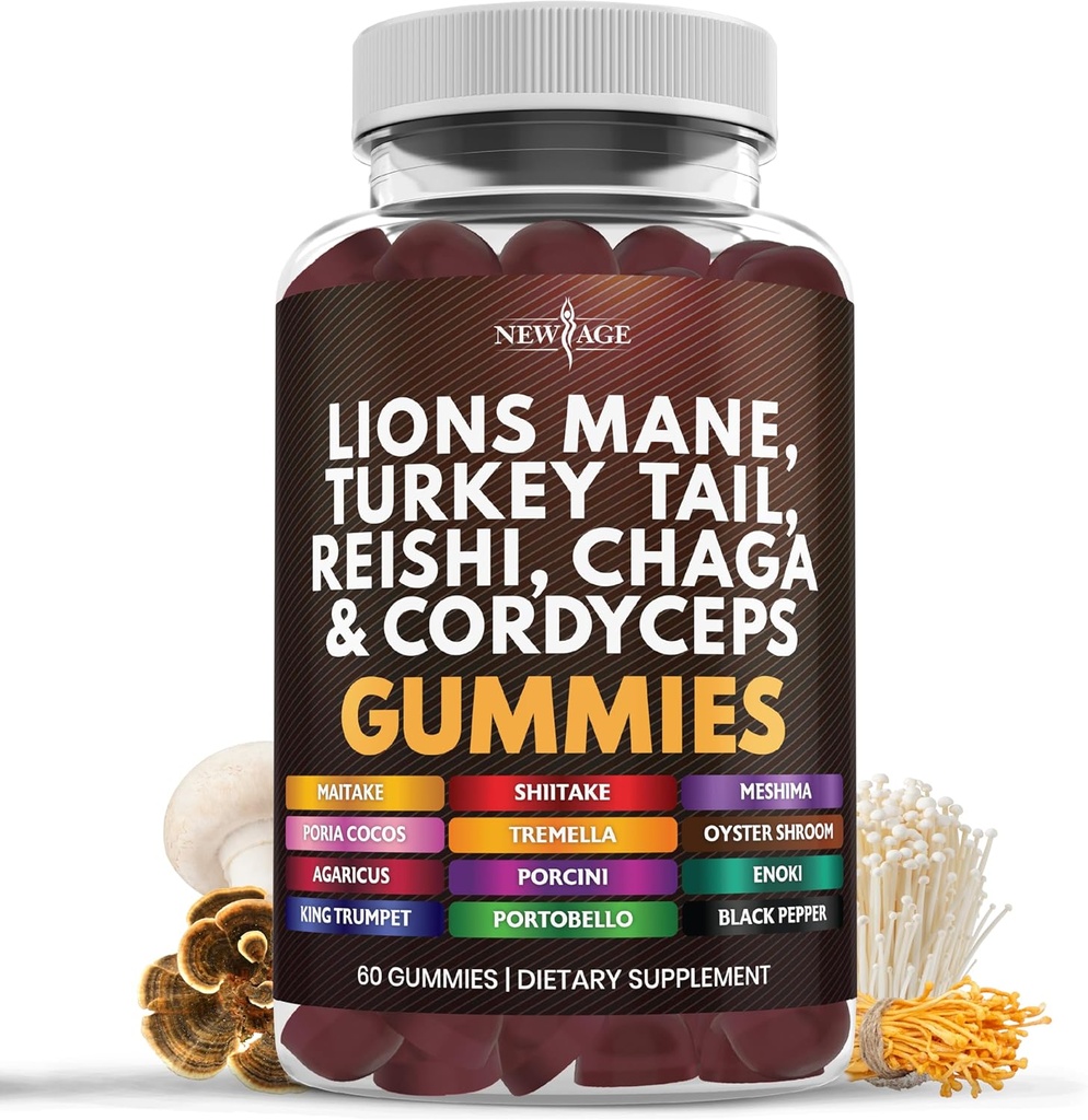 NEW AGE Mushroom Lion's Mane Supplement Gummis - Pilzergänzung mit Reishi, Cordyceps - 60 Count