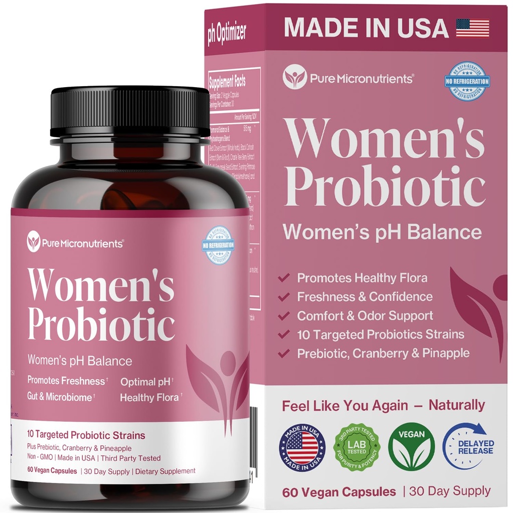 Micronutriments purs pH Balance Probiotiques vaginaux pour les femmes - Soutien à l'odorat et à la démangeaison - Pilules de santé vaginale avec canneberge, lactobacillus et prébiotiques - Supplément quotidien Feminine Wellness - 60 capsules