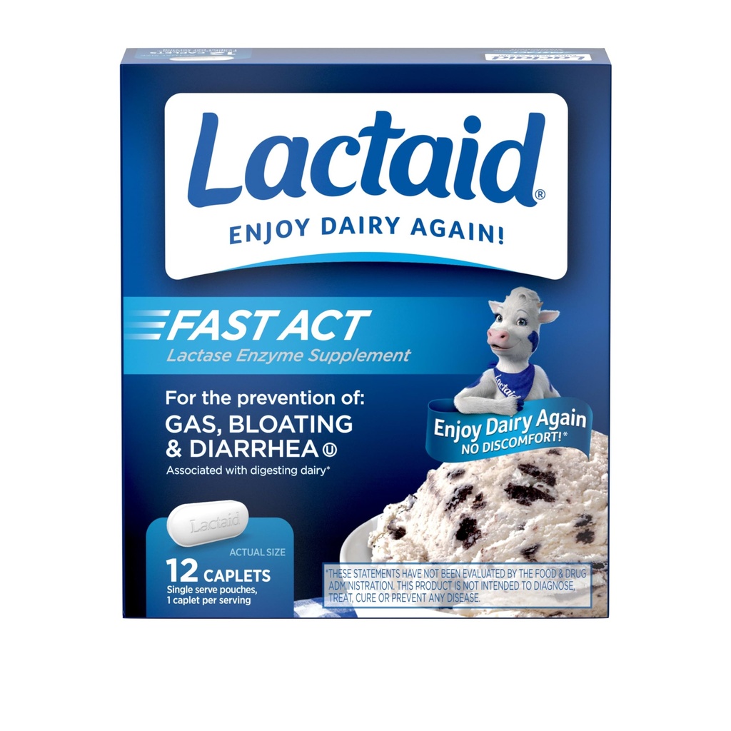 Lactaid Fast Act Lactose Intolerance Relief Caplets mit Lactase Enzyme zu verhindern Gas, Bloating & Durchfall Aufgrund Lactose Empfindlichkeit, Ideal für Reisen & On-The-Go, 12 Packungen von 1-Count