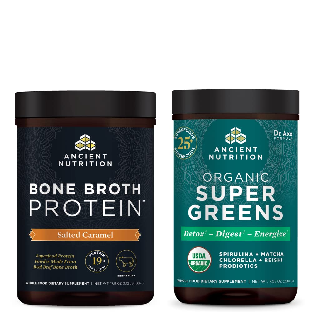 Antike Ernährung Knochen Broth Protein Pulver, Gesalzene Karamell, 20 Servierungen + Bio Supergreens Pulver, Grüne Geschmack, 25 Servierungen