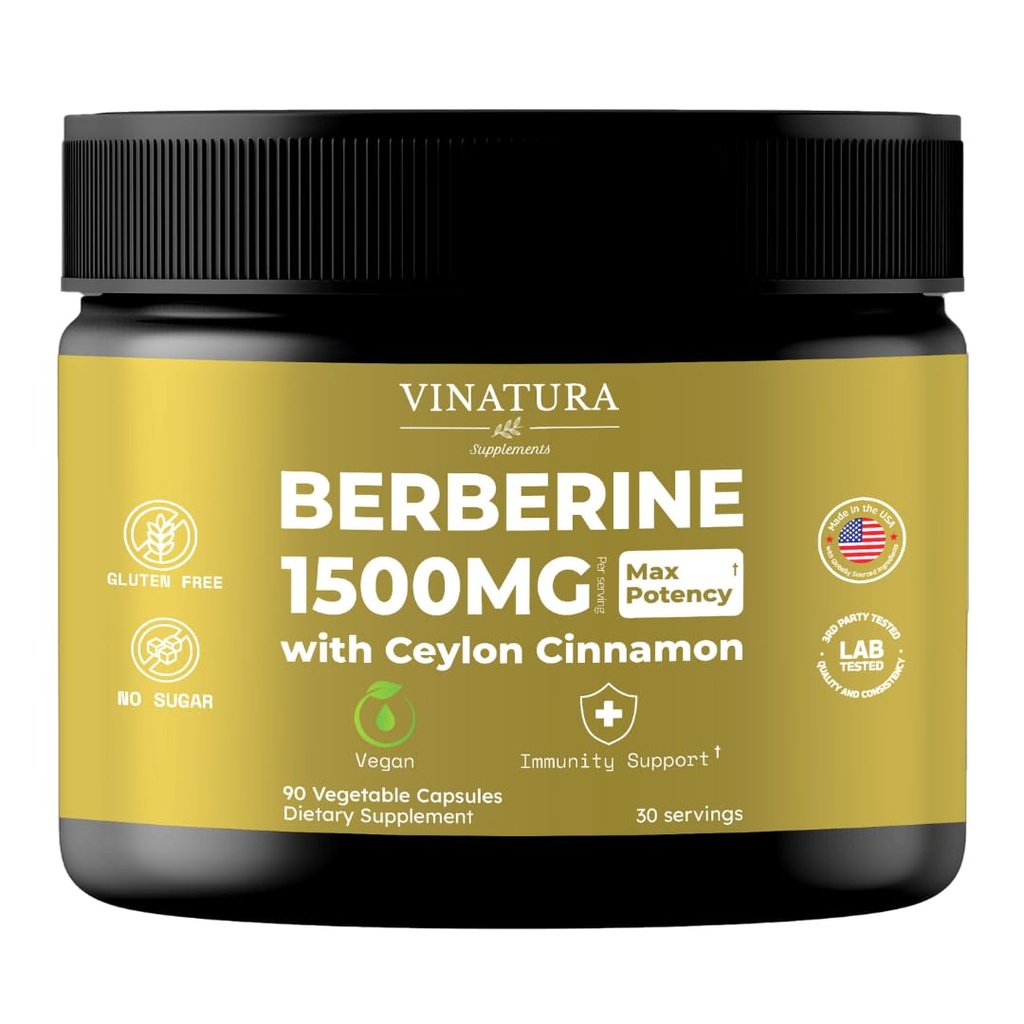 VINATURA Berberine 1500mg - Berberine Ergänzung mit Ceylon Cinnamon, Max Potency Berberine HCL - 90 Kapseln