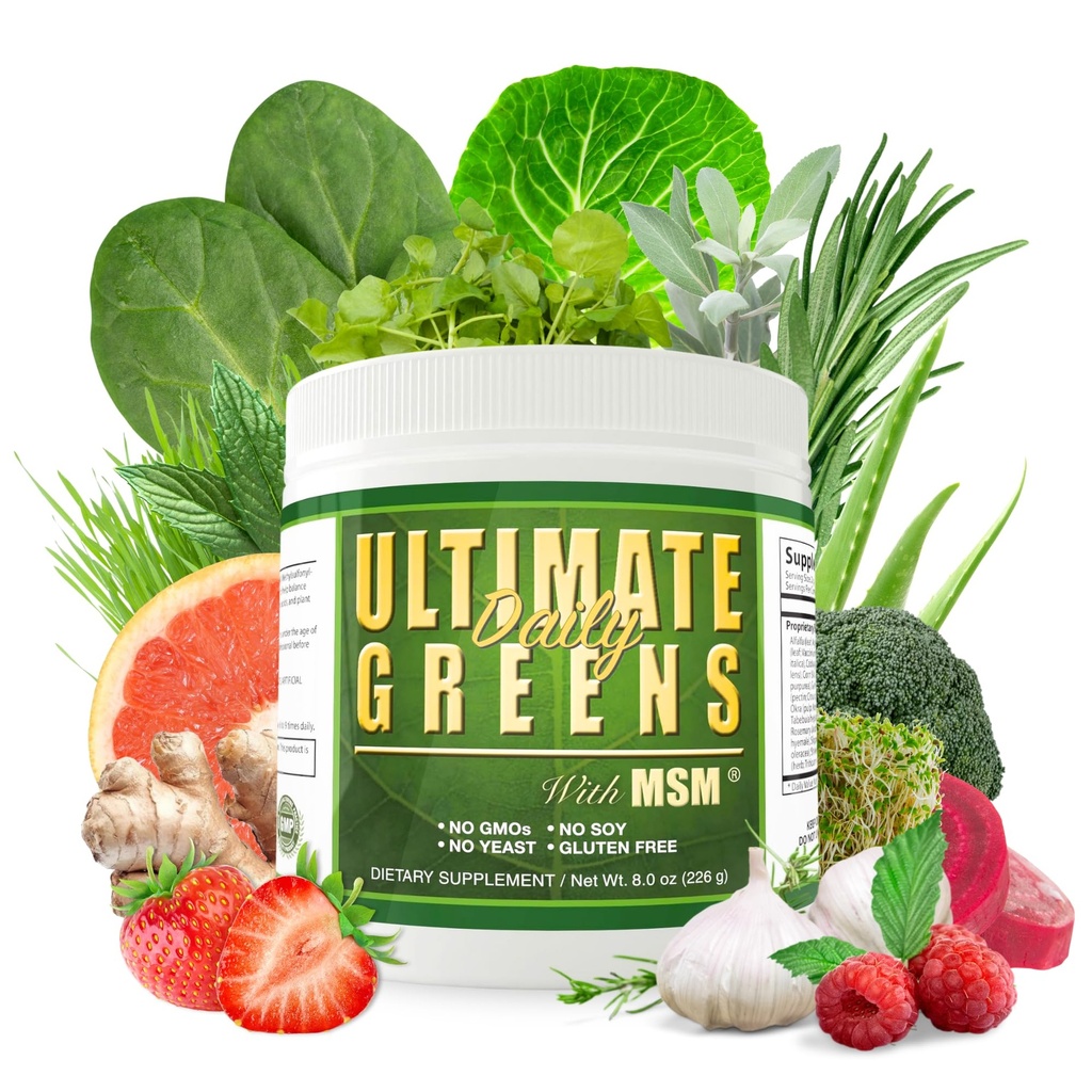 Tägliche Gesundheit, Ultimative Grüns mit MSM-Pulver, Vegan freundliche natürliche Inhaltsstoffe Gluten Soy Free NO GMO Superfood Gemüsenährstoff Alkalisieren Energie 8oz 1 Packung (1 Monat Versorgung)