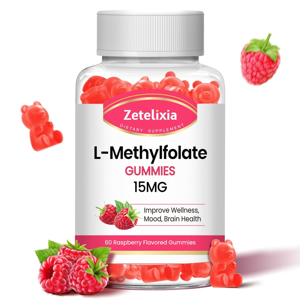 L-Methylfolat 15mg & Methyl B12 Gummie, Folat-Ergänzung für Gehirngesundheit, Stimmung & Immunität, DNA-Synthese & Repair, Sugar Free, Vegan, Raspberry Flavor, 60 Count