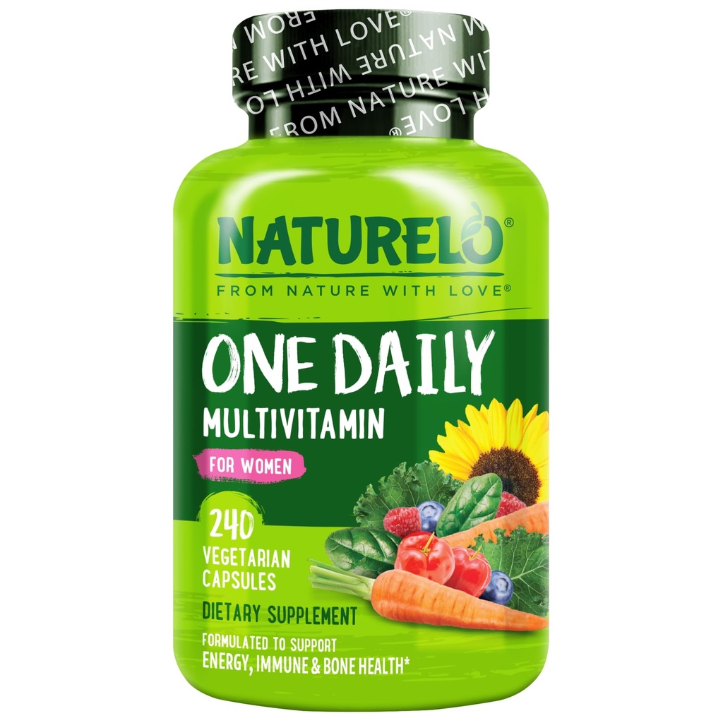 NATURELO One Daily Multivitamin for Women w/Vitamin B12, 240 Ct, Energy Support, Whole Food Daily Women Multivitamin Supplement, Nourish Hair/Skin/Nail, Non-GMO, No Soy, Gluten Free, 8 Month Supply