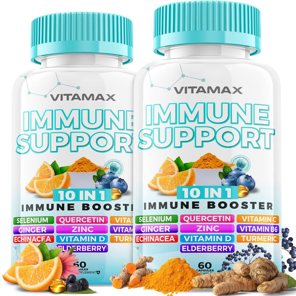 10-in-1 Immununterstützung mit Elderberry, D3, Selen, Quercetin, Zink, Vitamin C, Ginger, Kurkuma, B6, Echinacea – Immune Defense – Made in USA (60 Count (Pack of 2))