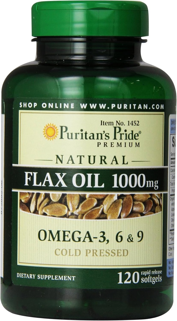 Puritan's Pride Premium natürliches Flax Öl 1000 mg Omega-3, 6 & 9 kalt gepresst, 120 Softgels