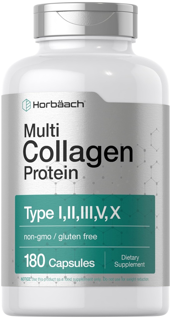 Horbäach Multi Collagen Protein 2000 mg , 180 Capsules , Collagène Hydrolysé Type I, II, III, V, X , Kéto & Paleo Friendly, Non-OGM, Supplément sans gluten