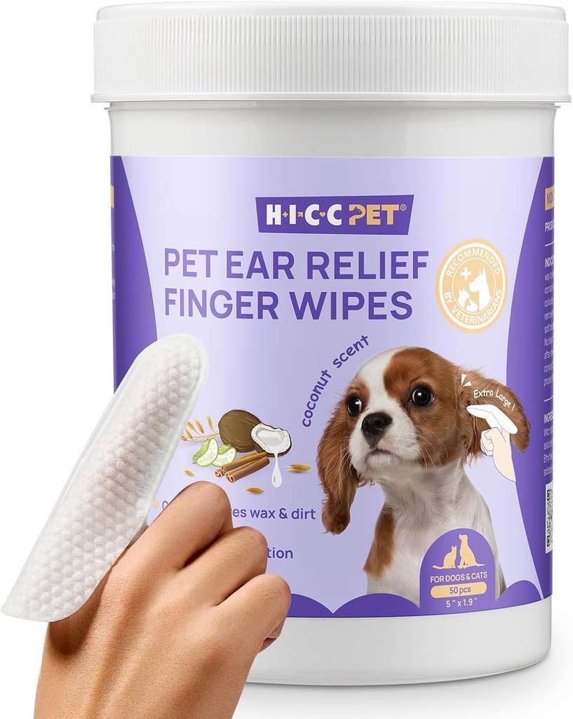 HICC PET Ear Cleaner Finger Wipes for Dogs & Cats, Vet-Recommended Dog Ear Infection Treatment to Relief Itching & Inflammation, Remove Wax, Dirt & Stop Smelly, Non-Irritating, 50ct(Coconut Scent)