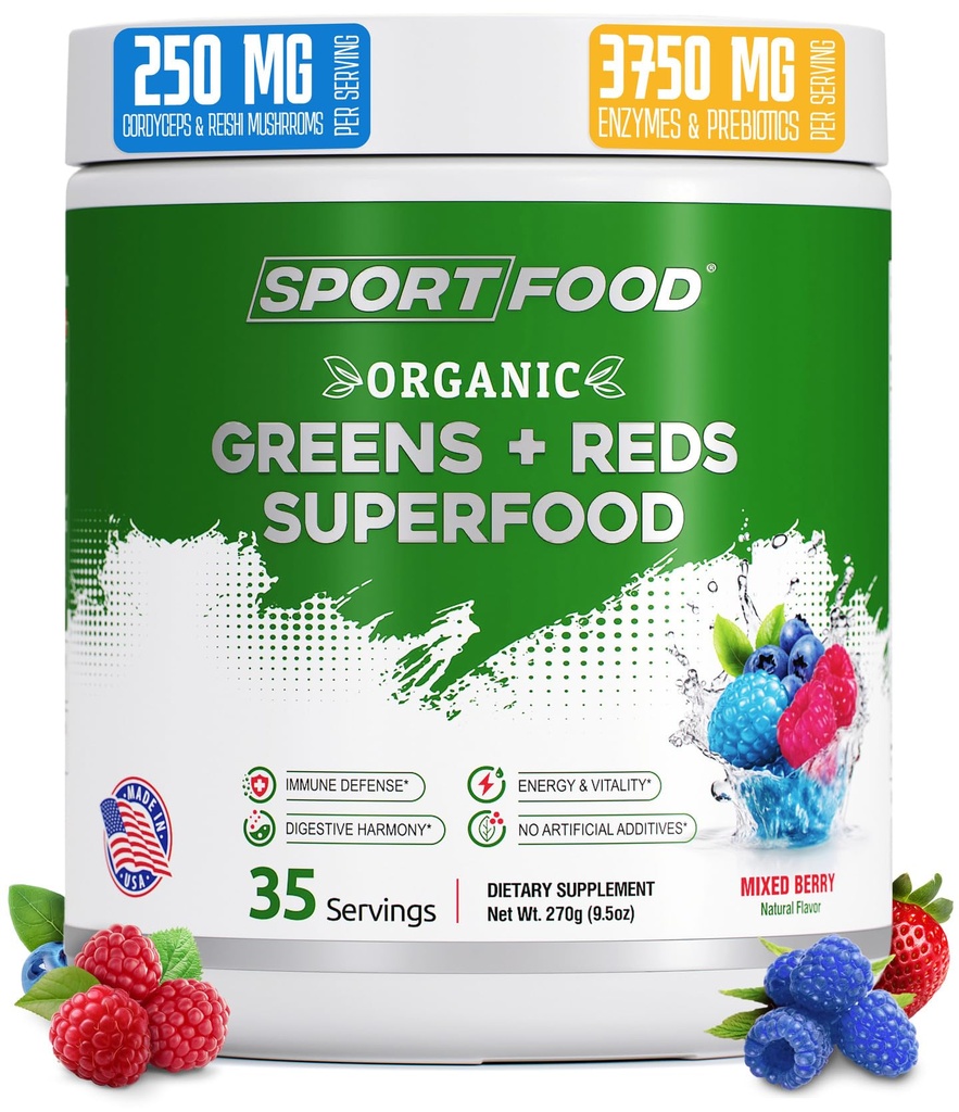 Organic Greens & Reds Superfood Powder | Mixed Berry Flavor | 25+ Super Fruits & Veggies, Beets, Prebiotics | Energizing, Antioxidant-Rich, Keto-Friendly Smoothie Mix | 35 Servings