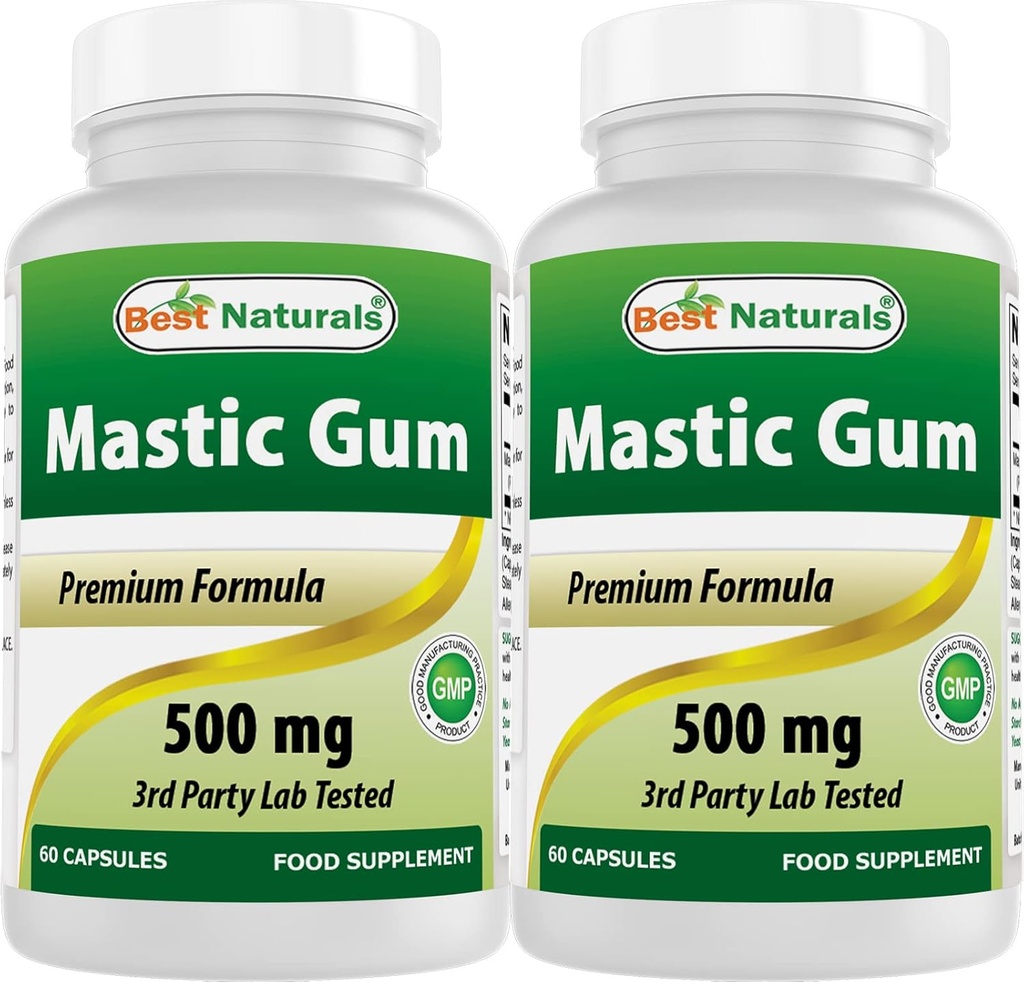 Best Naturals 2 Pack Mastic Gum Capsules 500 mg - 60 Count - (Non-GMO) (Gluten Free) - Promotes Healthy Stomach & Duodenal Health - ( 120Total Capsules)