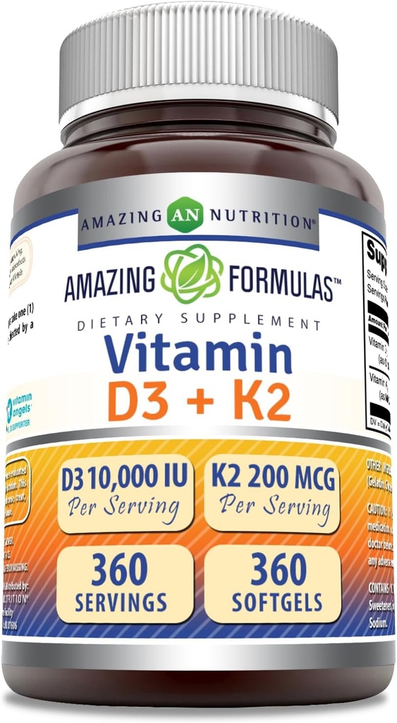 Erstaunliche Formeln Vitamin D3 10000 IU mit Vitamin K2 200 Mcg | D3 + K2 Complex Supplement | Non-GMO | Gluten-Free | Made in USA (1 Pack, 360 Count)