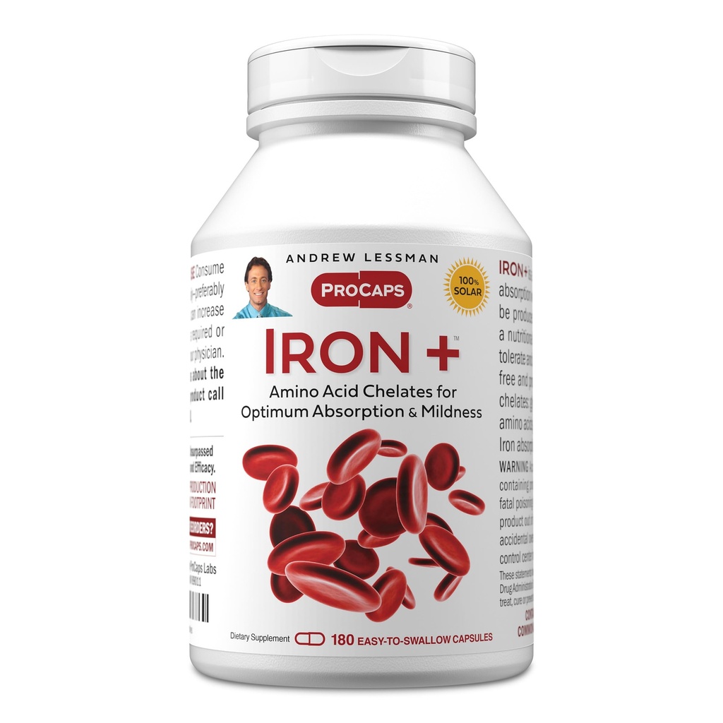 ANDREW LESSMAN Iron Plus 180 Capsules - 18mg Fer, 100% acide amino pur Fer chélaté (glycinate, aspartate), plus vitamine C pour l'absorption accrue, petites capsules faciles à avaler, sans additifs