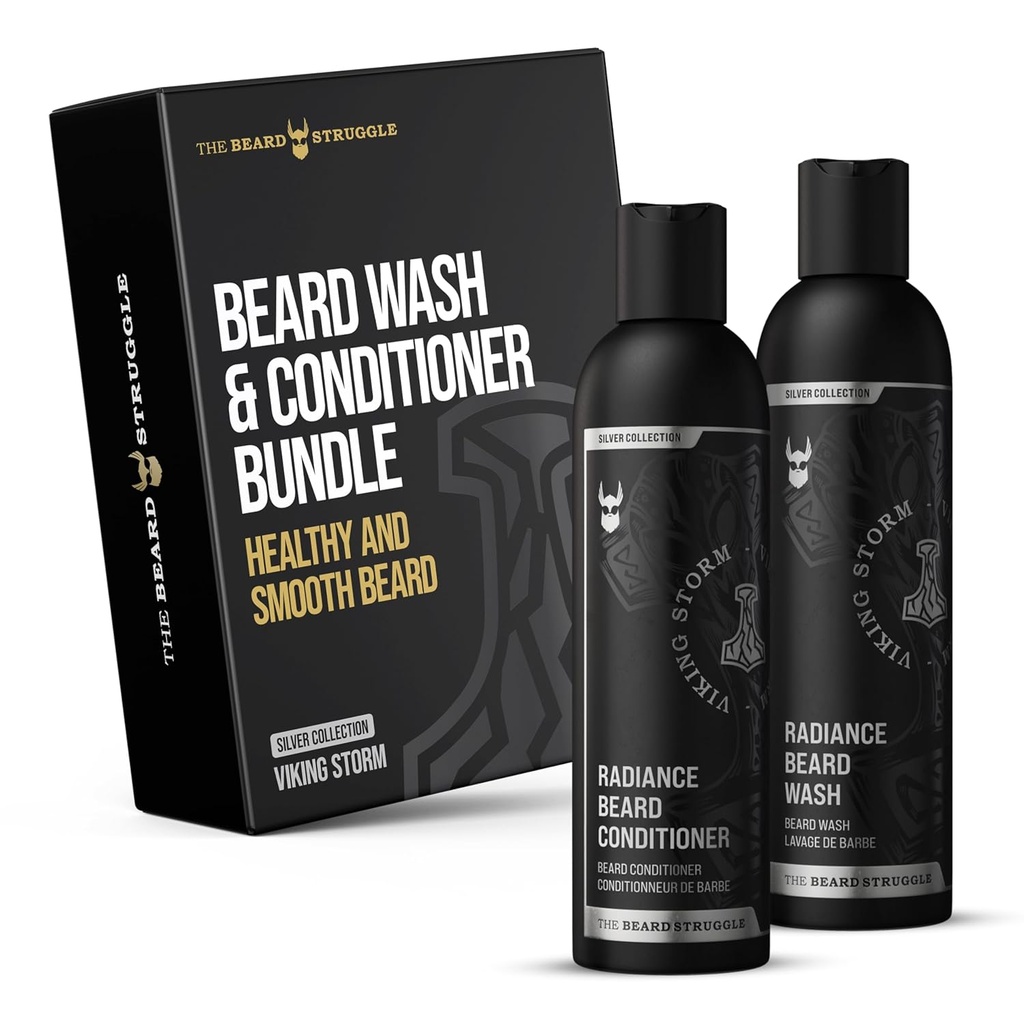 The Beard Struggle - Radiance Beard Wash & Conditioner Bundle - Silber Collection - Paket von 2, Wikinger Sturm - Nourish, Cleanse, Softens, & Stärken Bart - Bart Wash und Conditioner für Männer