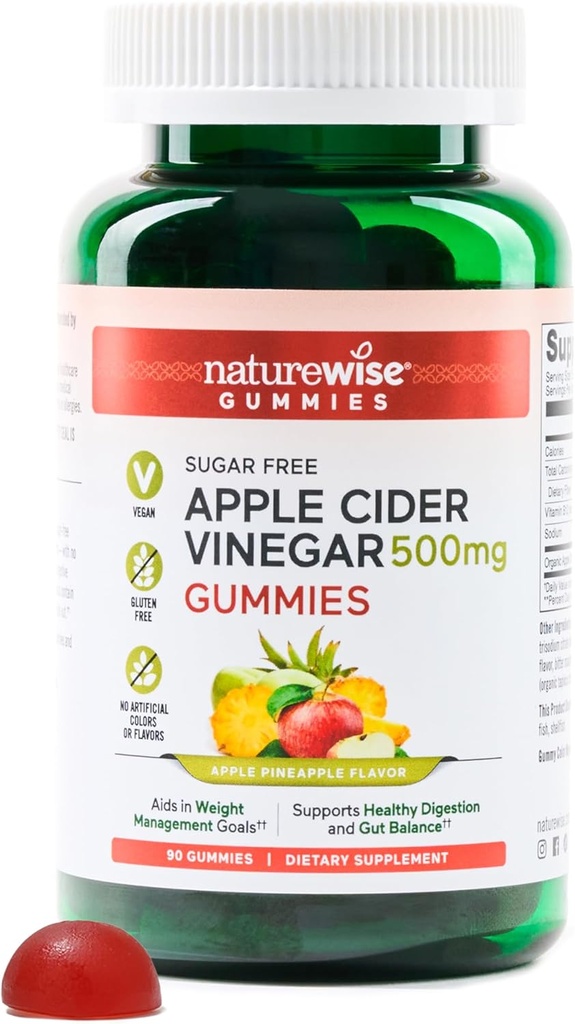 NatureWise Apple Cider Essig ACV Gummis - 1000mg ACV pro 2, Sugar Free, Vegan - Energy & Gut Health - ACV Gummies W/Vitamin B12-90 Gummies[1,5-Monat-Versorgung für 1000mg / 3-Monat-Versorgung für 500mg]