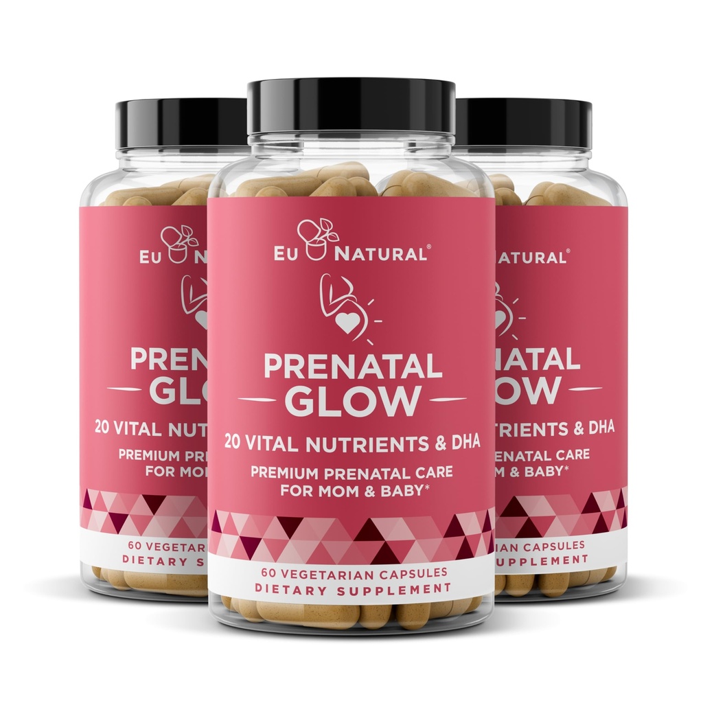 Glow Vitamines prénatales pour les femmes 3-Pack Bundle – 20-en-1 nutriments vitaux pour la grossesse en santé et le développement foetal – acide folique et DHA végétalien pour la croissance du bébé et une grossesse confortable – 180 capsules