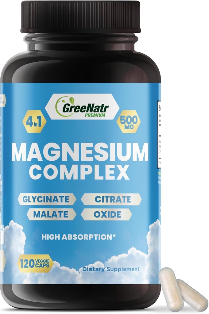 Supplément complexe de magnésium GreeNatr - Suppléments de magnésium avec glycine, citrate, malate et oxyde - Comprimés de magnésium pour la digestion, le sommeil, la santé cardiaque et l'énergie - Vitamines de magnésium 120 Compte
